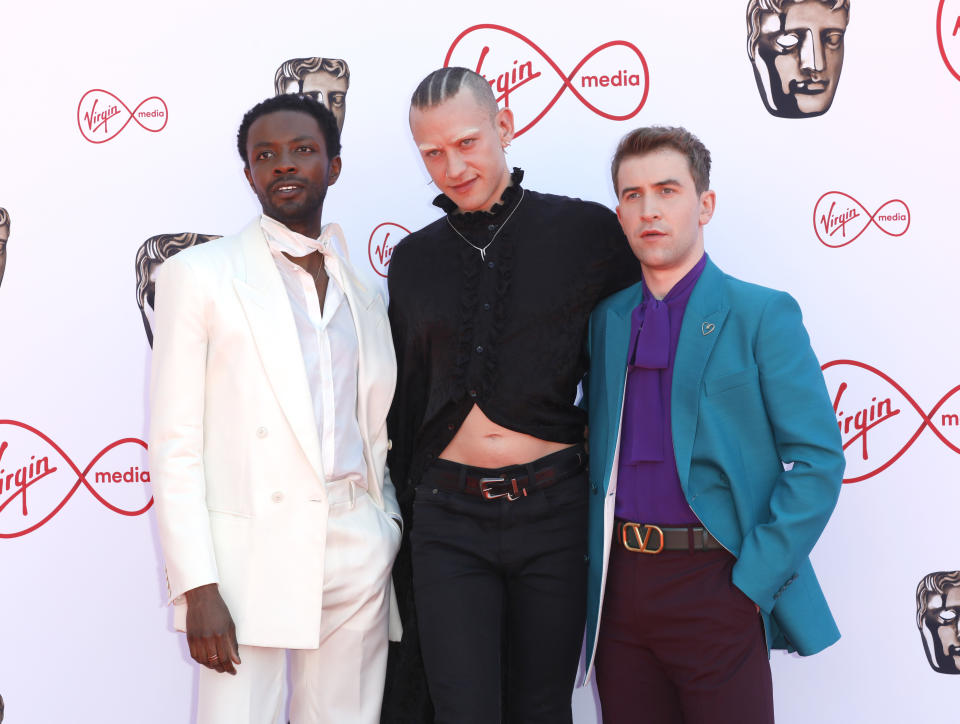 It's A Sin stars and TV Bafta nominees Omari Douglas, Olly Alexander and Callum Scott on the red carpet at the ceremony. (Getty Images)