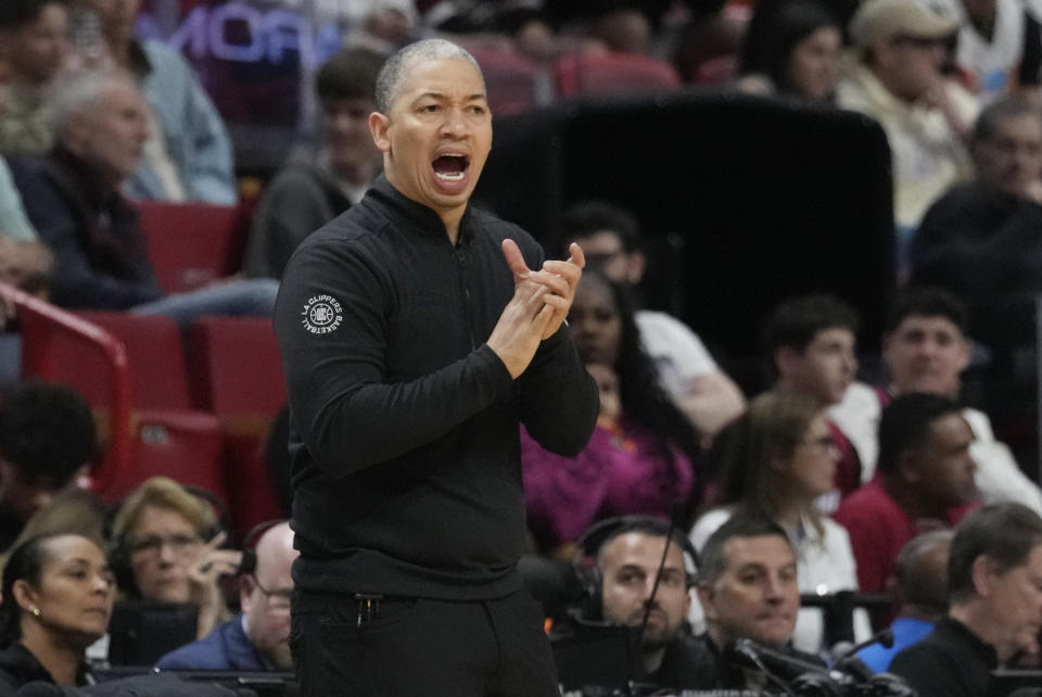 LA Clippers head coach Tyronn Lue gestures during the first half of an NBA basketball game against the Miami Heat, Sunday, Feb. 4, 2024, in Miami. (AP Photo/Marta Lavandier)
