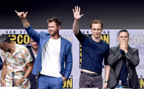 <p>Chris Hemsworth, Tom Hiddleston and Mark Ruffalo attend the Marvel Studios <em>Thor: Ragnarok</em> presentation on July 22, 2017. (Photo by Kevin Winter/Getty Images) </p>