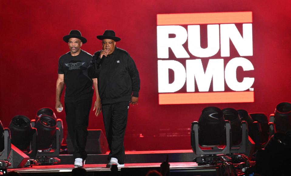 Run-D.M.C. perform during the Hip Hop 50 Live concert, marking the 50th anniversary of the birth of hip hop, at Yankee Stadium in the Bronx borough of New York City on Friday.