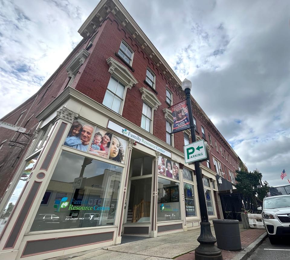 This is a view of Union Block in downtown Taunton from the perspective of the corner of Merchants Lane and Main Street.