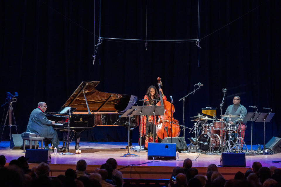 Cyrus Chestnut, left, performs his "Charlie Brown Christmas" concert at Detroit's Orchestra Hall on Dec. 9, 2022, joined by Endea Owens, center, and C.V. Dashiell.