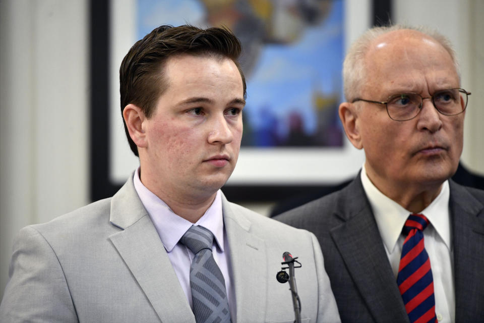 Andrew Delke and his attorney David Raybin stand in court as Delke pleads guilty to manslaughter on Friday, July 2, 2021 in Nashville, Tenn. Delke pleaded guilty to manslaughter over the death of 25-year-old Daniel Hambrick in 2018 as part of an agreement with prosecutors. (Josie Norris/The Tennessean via AP, Pool)