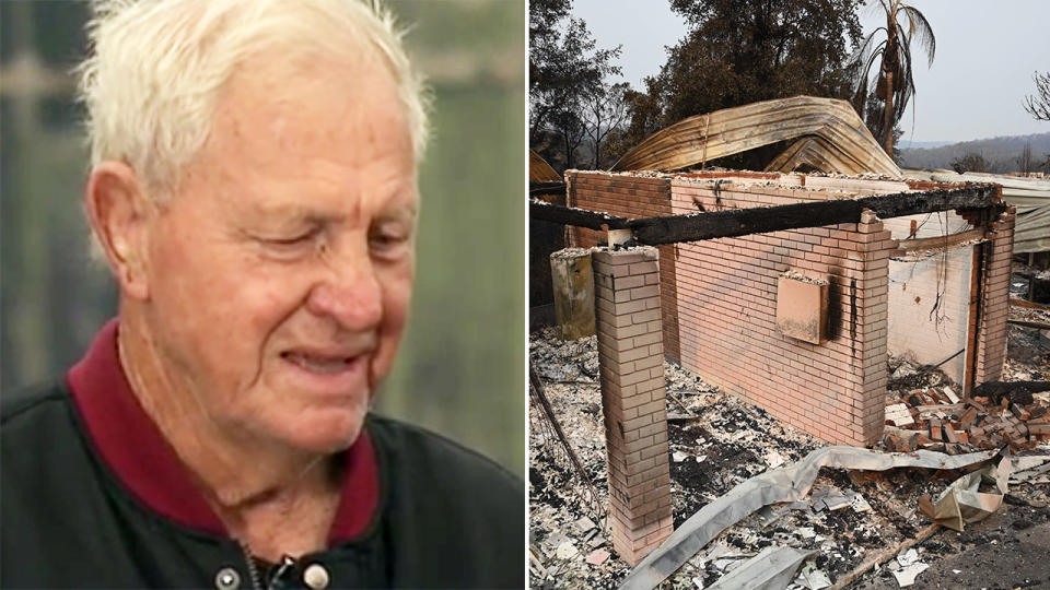 Ron Coote and a house, pictured here after being destroyed in the Lake Conjola bushfires.