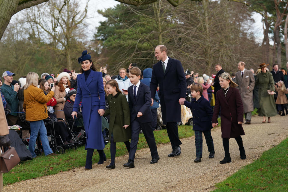 (left to right) The Princess of Wales, Princess Charlotte, Prince George, the Prince of Wales and Prince Louis attending the Christmas Day morning church service at St Mary Magdalene Church in Sandringham, Norfolk. Picture date: Monday December 25, 2023. (Photo by Joe Giddens/PA Images via Getty Images)