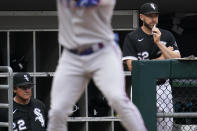 Chicago White Sox manager Tony La Russa, left, and pitching coach Ethan Katz, right, look on during the 10th inning of a baseball game against the Texas Rangers in Chicago, Saturday, June 11, 2022. (AP Photo/Nam Y. Huh)