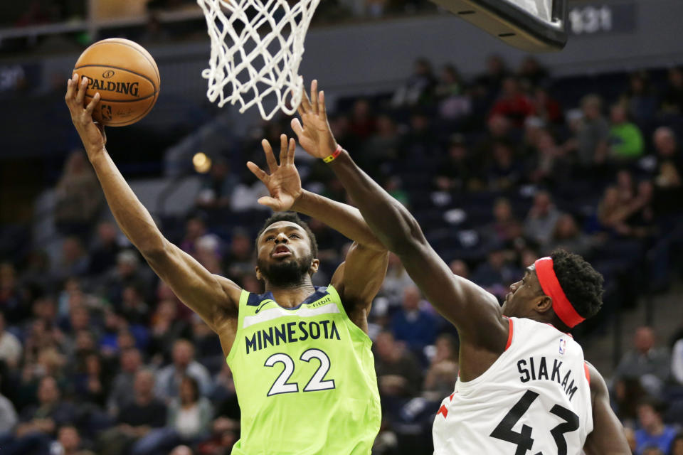 Minnesota Timberwolves forward Andrew Wiggins (22) shoots against Toronto Raptors forward Pascal Siakam (43) in the second quarter of an NBA basketball game Saturday, Jan. 18, 2020, in Minneapolis. (AP Photo/Andy Clayton-King)