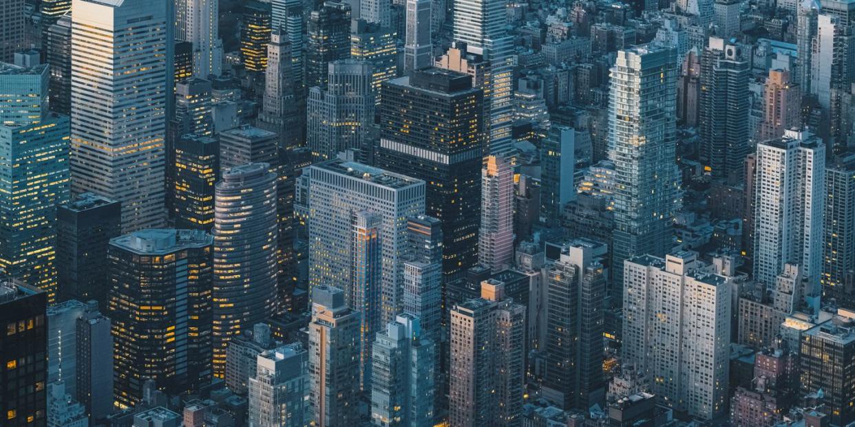 aerial view of new york city skyline at night