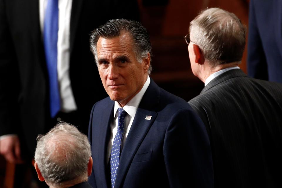 Sen. Mitt Romney, R-Utah, arrives before President Donald Trump delivers his State of the Union address to a joint session of Congress on Tuesday.