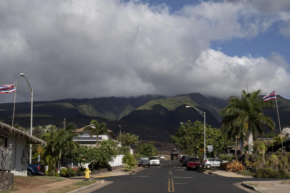 Hawaiian flags flutter in the wind on homes in the Villages of Leiali'i, a neighborhood in the Hawaiian home lands, on Monday, Sept. 25, 2023, in Lahaina, Hawaii. The houses in the neighborhood mostly survived a deadly August fire. (AP Photo/Mengshin Lin)