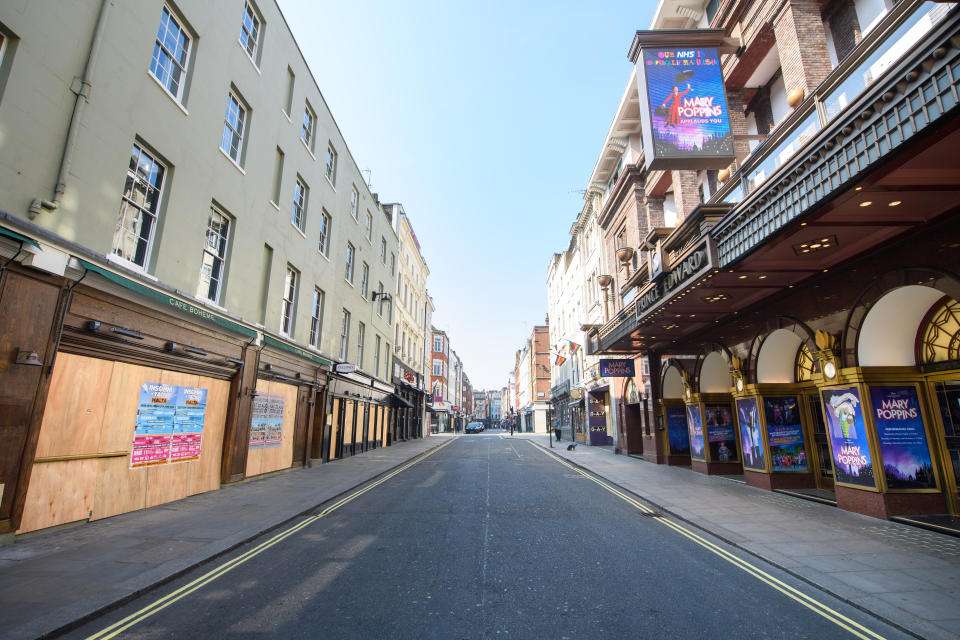 Empty streets and boarded up shops, restaurants and theatres on Old Compton Street in Soho, London, as the UK continues in lockdown to help curb the spread of the coronavirus. Picture date: Thursday April 9, 2020. Photo credit should read: Matt Crossick/Empics