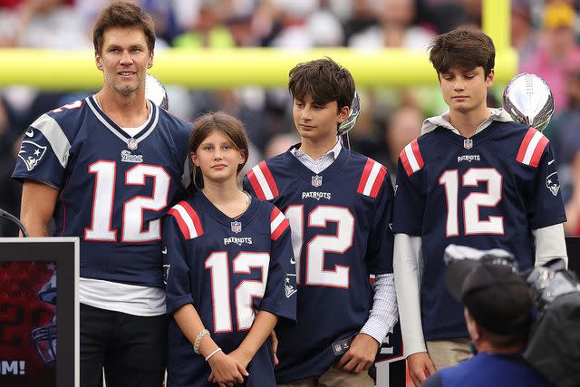 <p>Maddie Meyer/Getty</p> Tom Brady with his children at a New England Patriots game in 2023.