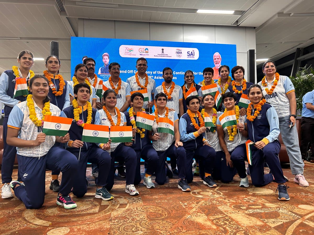 Members of the Indian contingent leaving to participate in the Asian Games in Hangzhou, China (AP)