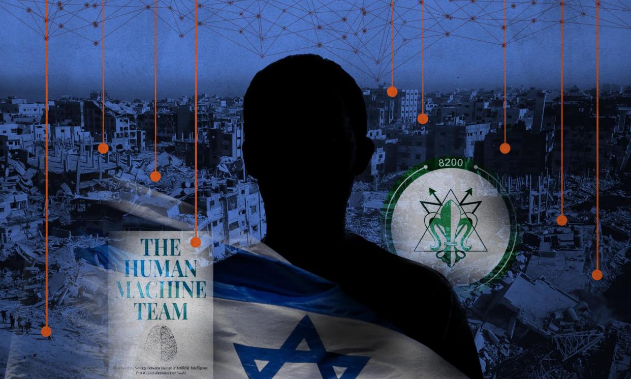 <span>Yossi Sariel’s 2021 book The Human Machine Team offers a radical vision for how AI can transform warfare.</span><span>Illustration: Getty images; Guardian Design</span>