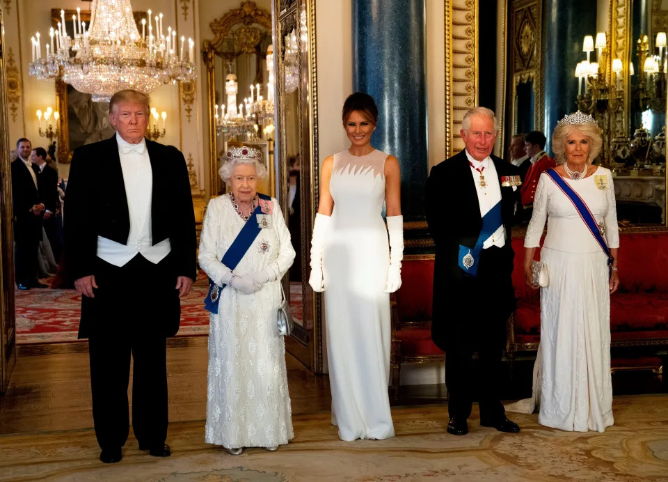 U.S. President Donald Trump, First Lady Melania Trump, Britain&#39;s Queen Elizabeth, Britain&#39;s Charles, the Prince of Wales and Camilla, Duchess of Cornwall are seen at the State Banquet at Buckingham Palace