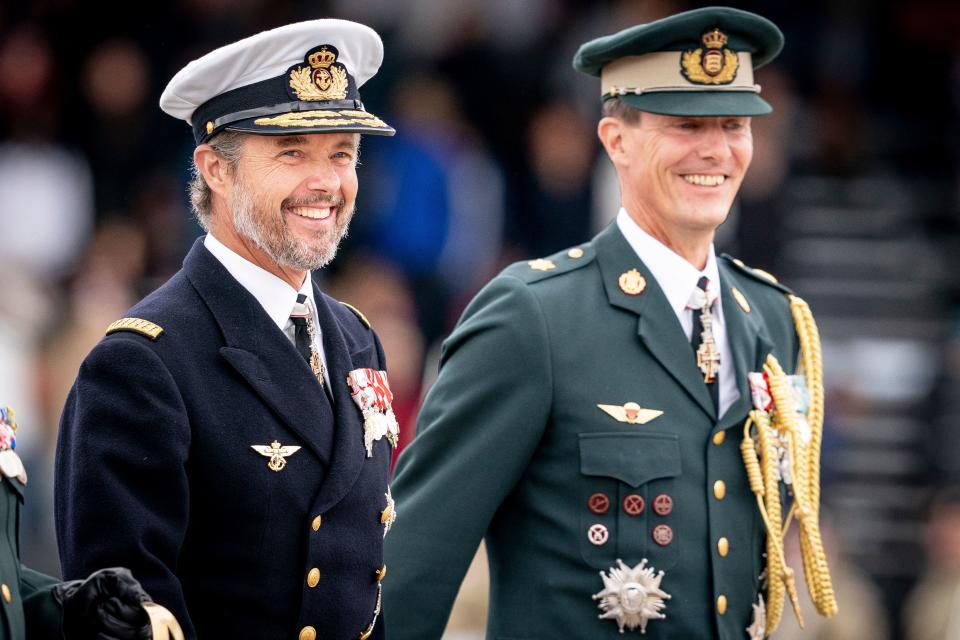 Crown Prince Frederik of Denmark (L) and Prince Joachim of Denmark attend festivities of the Danish Army to celebrate the 50th regency jubilee of their mother Queen Margrethe II of Denmark (not in picture) marked with a parade at the Naval Station in Korsoer, Denmark, on August 29, 2022. - Denmark OUT (Photo by Mads Claus Rasmussen / Ritzau Scanpix / AFP) / Denmark OUT (Photo by MADS CLAUS RASMUSSEN/Ritzau Scanpix/AFP via Getty Images)