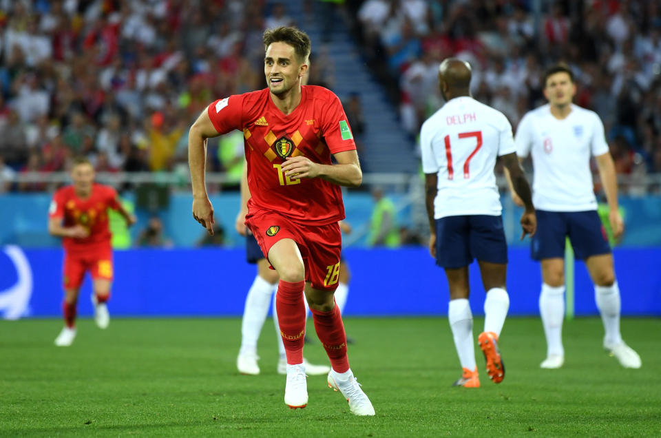 Adnan Januzaj celebrates after scoring the only goal of Belgium’s 1-0 win over England on Thursday. (Getty)