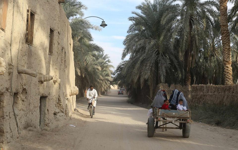Women ride on a donkey drawn cart as they make their way home with their children in Siwa