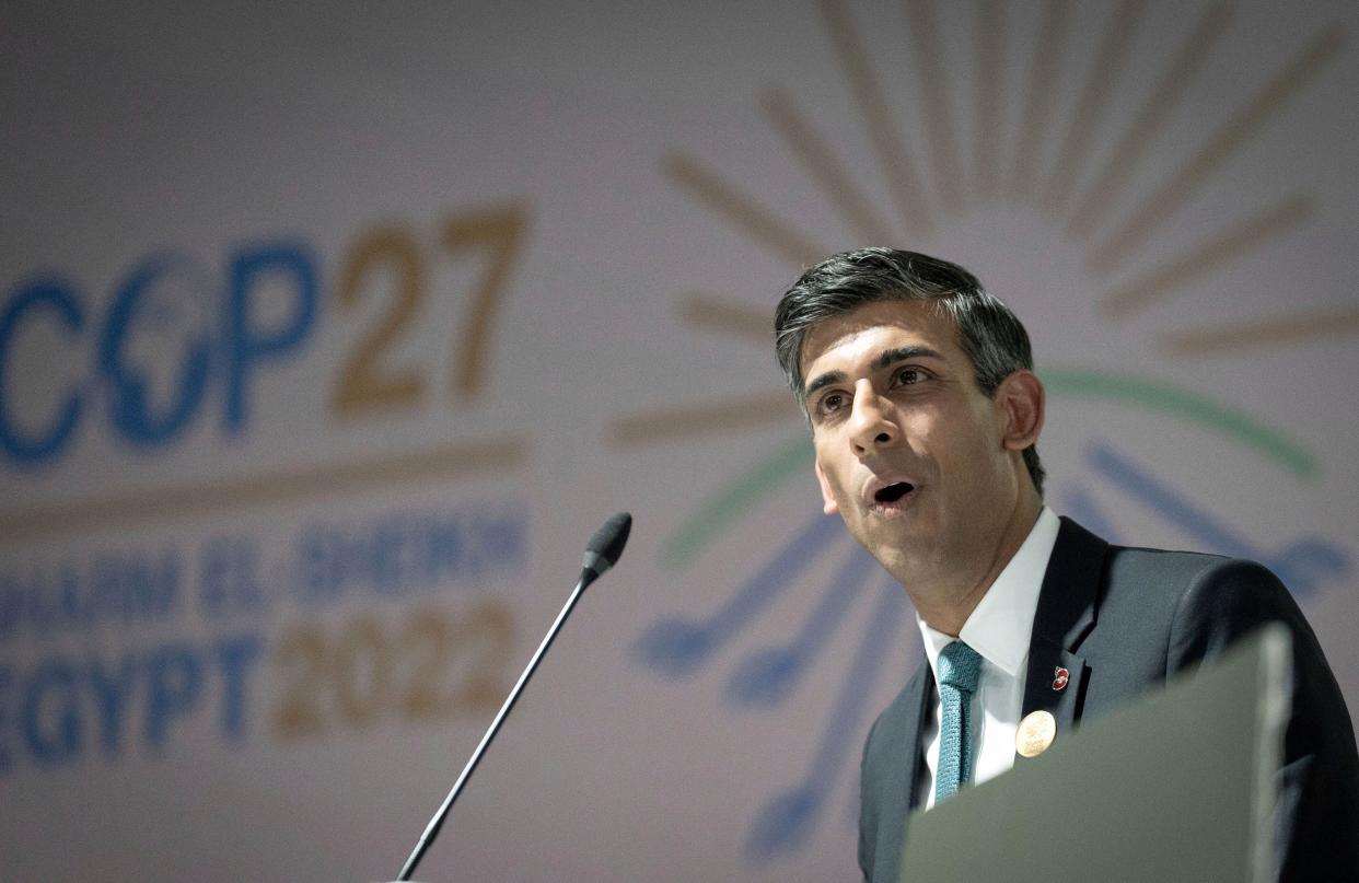 Britain's Prime Minister Rishi Sunak speaks as he addresses a forest and climate leaders' event, during a bilateral meeting, at the COP27 summit, in Sharm el-Sheikh, Egypt, Monday, Nov. 7, 2022. Nearly 50 heads of states or governments on Monday will take the stage in the first day of “high-level” international climate talks in Egypt with more to come in the following days. (Stefan Rousseau/Pool Photo via AP)