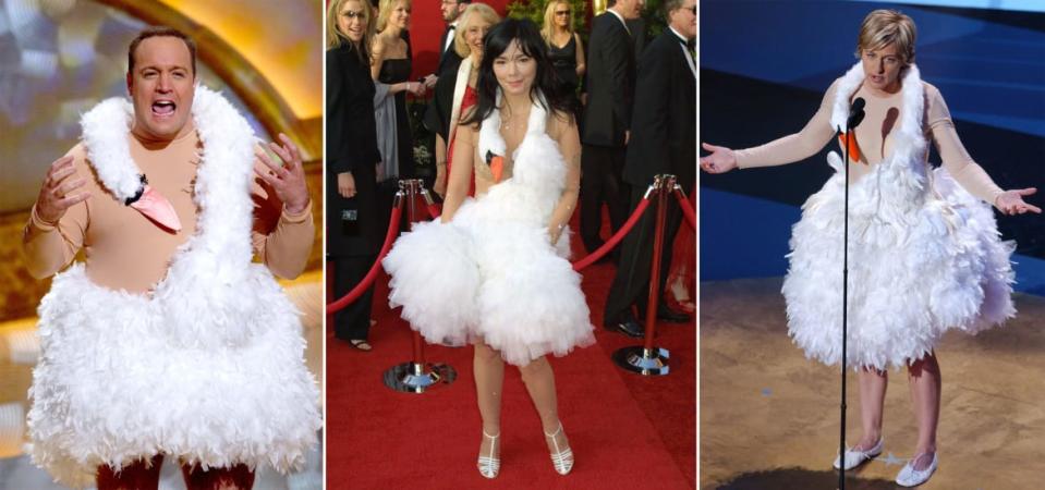 <div class="inline-image__caption"><p>Actors and comedians Kevin James (L) and Ellen Degeneres (R) wearing swan dresses like the one Icelandic singer, Bjork, wore to the 73rd Annual Academy Awards. </p></div> <div class="inline-image__credit">Photo Illustration by The Daily Beast/Getty</div>