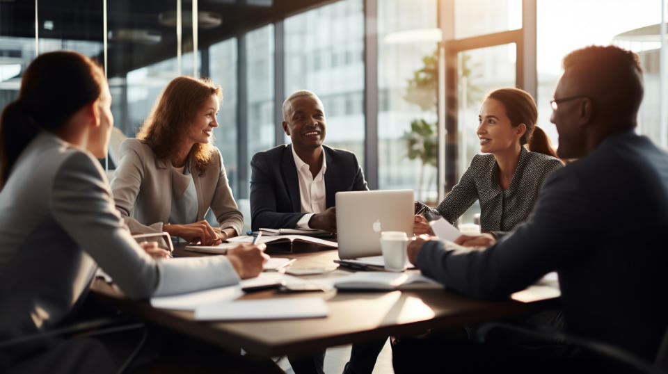 A meeting of professionals in a boardroom discussing engagement platform strategies for their organizations.