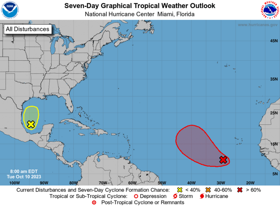 The 7-day forecast from the National Hurricane Center shows an area of tropical disturbance in the Gulf that is expected to bring heavy rain to South Mississippi this week and some relief from the drought.