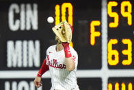 Philadelphia Phillies right fielder Bryce Harper catches a fly out by Washington Nationals' Ryan Zimmerman during the eighth inning of a baseball game, Tuesday, June 22, 2021, in Philadelphia. (AP Photo/Matt Slocum)