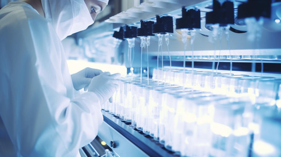 A medical lab technician placing a live tissue sample in an advanced biotechnology machine.