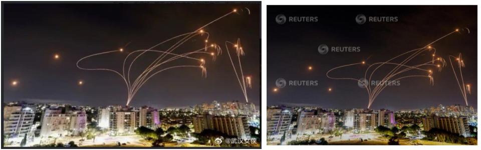 <span>Screenshot comparison of the photo falsely shared online (left) and Reuters’ photo (right)</span>