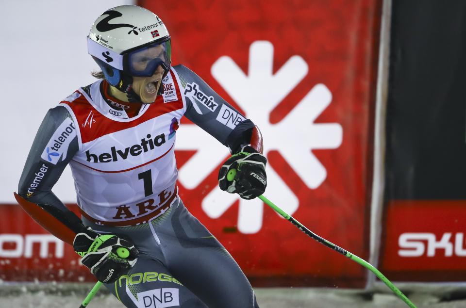 Norway's Henrik Kristoffersen gets to the finish area after completing the men's giant slalom, at the alpine ski World Championships in Are, Sweden, Friday, Feb. 15, 2019. (AP Photo/Marco Trovati)