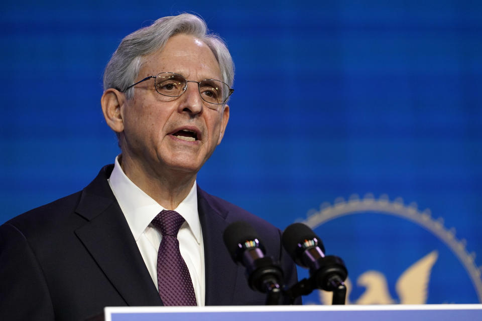 FILE - In this Jan. 7, 2021, file photo Attorney General nominee Judge Merrick Garland speaks during an event with President-elect Joe Biden and Vice President-elect Kamala Harris at The Queen theater in Wilmington, Del. The once-snubbed Supreme Court pick will finally come before the Senate, this time as President Joe Biden's choice for attorney general. Garland, an appeals court judge, is widely expected to sail through his confirmation process, beginning Monday at a hearing, with bipartisan support. (AP Photo/Susan Walsh, File)