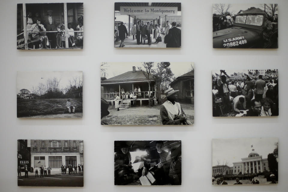 Photograph of the Selma-to-Montgomery Freedom March 1965 taken by late actor, director and photographer Dennis Hopper displayed at the exhibition 'Dennis Hopper - The Lost Album' at the Martin-Gropius-Bau museum in Berlin, Wednesday, Sept. 19, 2012. The exhibition shows a collection of 400 prints edited by Hopper, for the first time in Europe, and will be displayed from Sept. 20, 2012 until Dec. 17. 2012. (AP Photo/Markus Schreiber)