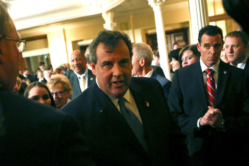 TRENTON, NJ - JANUARY 14: New Jersey Gov. Chris Christie leaves after delivering the State of the State Address in the Assembly Chambers at the Statehouse on January 14, 2014 in Trenton, New Jersey. In his speech Christie briefly addressed the ongoing George Washington Bridge lane closure scandal saying his administration 'let down the people we are entrusted to serve' but also called for a longer school day for New Jersey students, and hinted that he will push for another round of pension reform.  (Photo by Jeff Zelevansky/Getty Images)