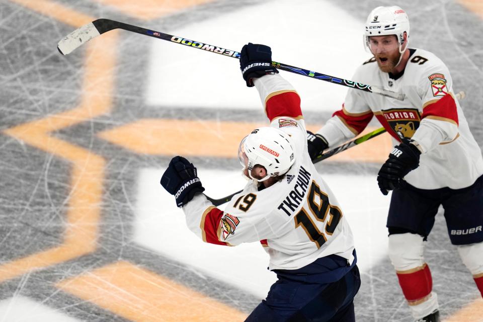 Florida Panthers left wing Matthew Tkachuk (19) celebrates scoring the game-winning goal against the Boston Bruins during overtime of Game 5 in the first round of the NHL hockey playoffs, Wednesday, April 26, 2023, in Boston. (AP Photo/Charles Krupa)