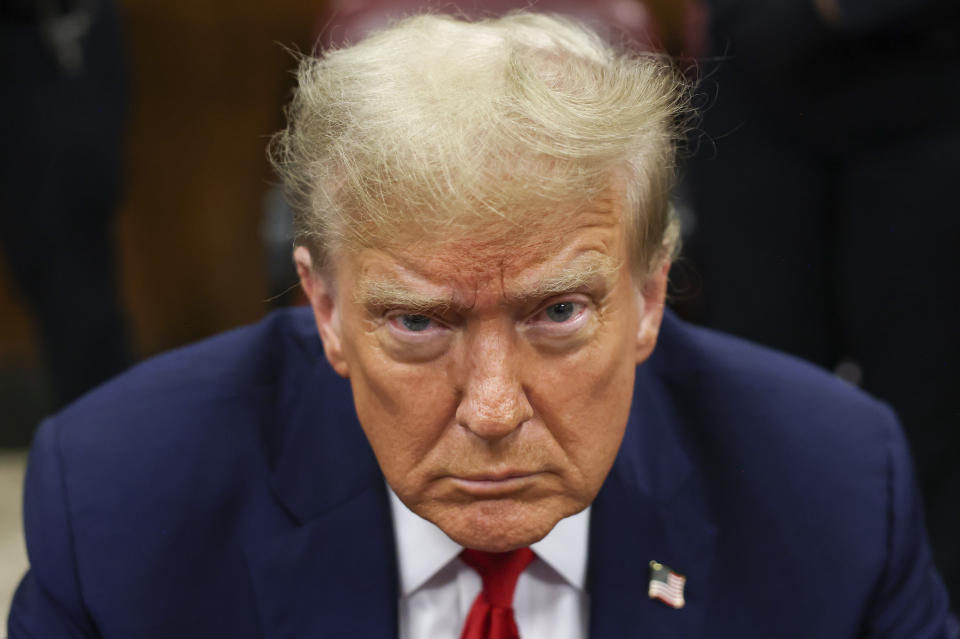 Former President Donald Trump waits for the start of proceedings in Manhattan criminal court, Tuesday, April 23, 2024, in New York. (AP Photo/Yuki Iwamura, Pool)