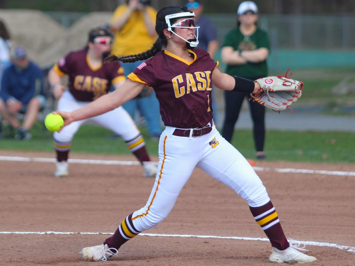 Case's Lila Alvarez throws a pitch during a South Coast Conference game against Dighton-Rehoboth.