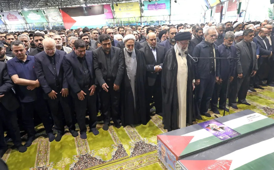 Iranian leader Ayatollah Ali Khamenei attends the funeral prayer of the Ismail Haniyeh on Thursday