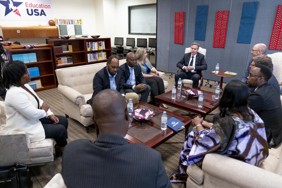 Secretary of State Antony Blinken speaks with members of civil society at the U.S. Embassy in Kigali, Rwanda, Thursday, Aug. 11, 2022. Blinken is on a ten day trip to Cambodia, Philippines, South Africa, Congo, and Rwanda. (AP Photo/Andrew Harnik, Pool)