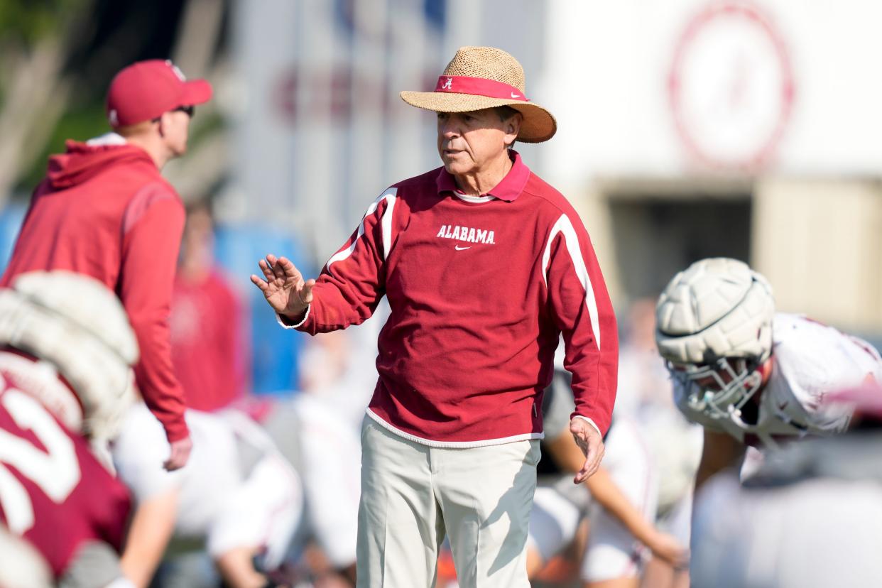 Alabama head coach Nick Saban walks during practice Thursday, Dec. 28, 2023, in Carson, California.