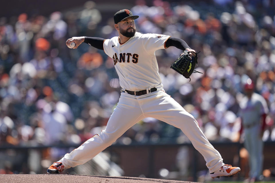 San Francisco Giants' Jakob Junis pitches against the Philadelphia Phillies during the first inning of a baseball game in San Francisco, Saturday, Sept. 3, 2022. (AP Photo/Jeff Chiu)