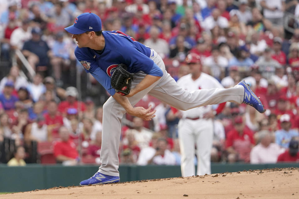 Chicago Cubs starting pitcher Kyle Hendricks throws during the first inning of a baseball game against the St. Louis Cardinals Friday, June 24, 2022, in St. Louis. (AP Photo/Jeff Roberson)