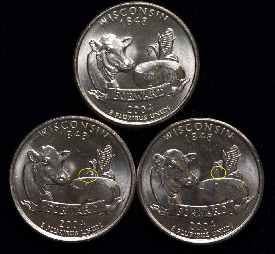 Yellow circles indicate where the extra leaf flaw appears on some Wisconsin quarters. At top is the correct version.