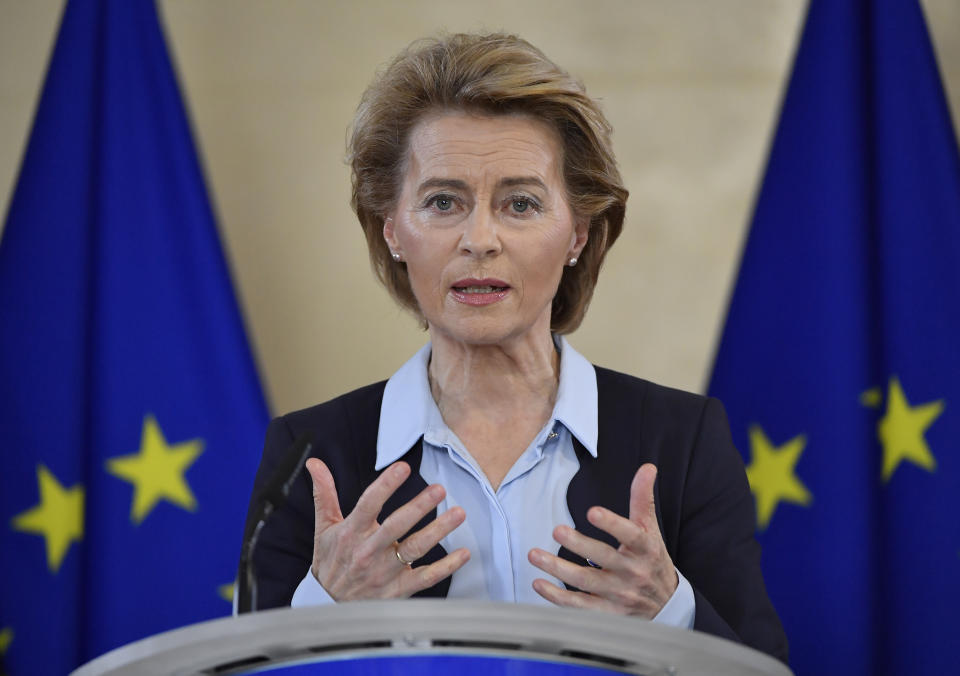 President of the European Commission Ursula von der Leyen addresses a joint press conference with German Chancellor Angela Merkel, attending by video conference, on the start of the six month German Presidency of the EU at EU Headquarters in Brussels, Thursday, July 2, 2020. (John Thys, Pool Photo via AP)