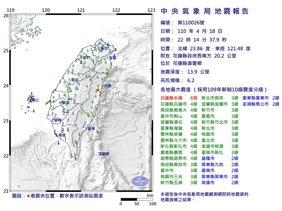 今第二次地震規模達6.2，全台都有感。（圖／翻攝自中央氣象局）