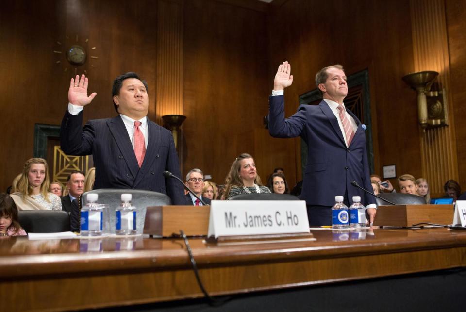 Texas judges Don R. Willett and James C. Ho are sworn in during a U.S. Senate Judiciary Committee hearing to confirm them to the 5th Circuit Court, on Capitol Hill in Washington on Nov. 15, 2017.