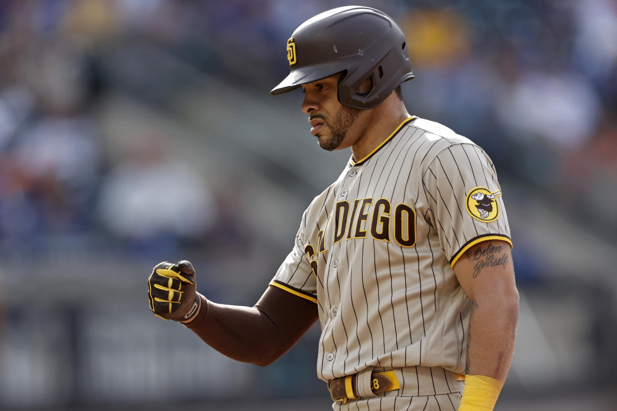 NEW YORK, NY - JUNE 12: Tommy Pham #28 of the San Diego Padres reacts during the sixth inning against the New York Mets at Citi Field on June 12, 2021 in the Flushing neighborhood of the Queens borough of New York City. (Photo by Adam Hunger/Getty Images)