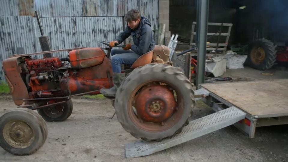 Reuben Owen: My Yorkshire Life S1 ep5 Reuben Owen driving small tractor off flatbed