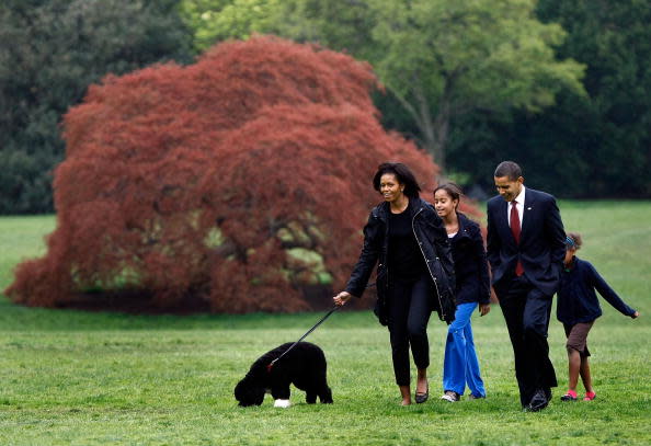 <p>Le 14 avril 2009, les Obama accueillent leur chien Bo, et toute la petite famille est sous les projecteurs pour sa première sortie. Ce jour-là, Michelle Obama joue la carte de la discrétion. Avec succès. (Getty)</p>