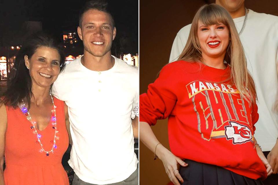 <p>Lisa McCaffrey/Instagram;  David Eulitt/Getty Images</p> Lisa and Christian McCaffrey; Taylor Swift