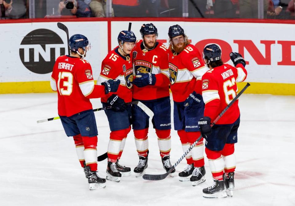 Florida Panthers center Aleksander Barkov (16) celebrates with teammates after scoring a goal during the third period of Game 4 of the NHL Stanley Cup Final against the Vegas Golden Knights at the FLA Live Arena on Saturday, June 10, 2023, in Sunrise, Florida.